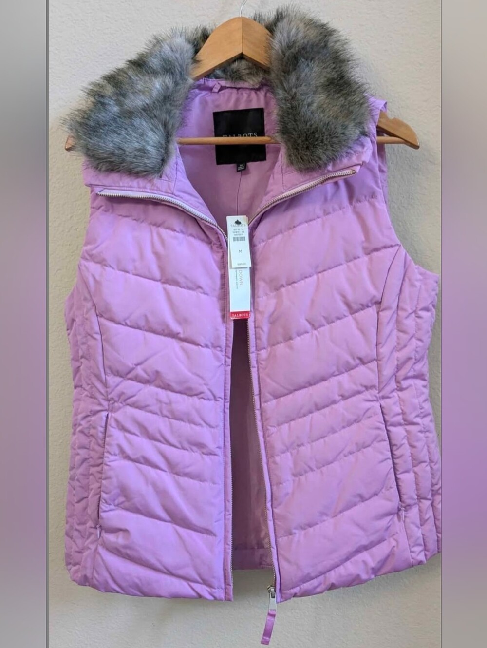 Talbots Lilac Quilted Puffer Vest with Faux Fur Collar Size Medium